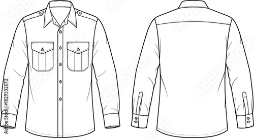 Men's or Unisex Long Sleeve Military Style Shirt Technical Fashion Flat Sketch Template, Featuring Classic Collar, Flap Pockets, and Shoulder Epaulettes, Front and Back View Outline Drawing.