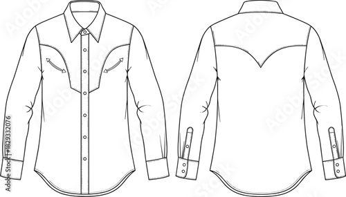 Men's or Unisex Long Sleeve Western Style Shirt Technical Fashion Flat Sketch Template, Featuring Pointed Yokes, Pearl Snaps, and Double Button Cuffs, Front and Back View Outline Drawing.