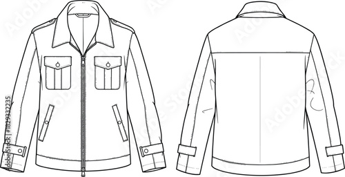 Men's or Unisex Utility Jacket Technical Fashion Flat Sketch Template, Featuring Classic Collar, Zipper, Flap Pockets, Epaulettes, and Side Welt Pockets, Front and Back View Outline Drawing.