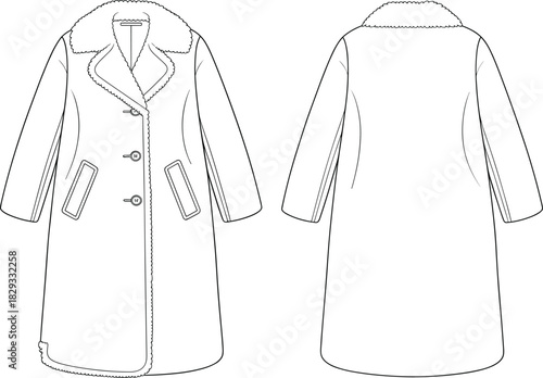 Mid-length Faux Fur Trimmed Coat Technical Fashion Drawing Vector Illustration Featuring Notch Collar, Button Closure and Patch Pockets, Front and Back View Apparel Template Design.