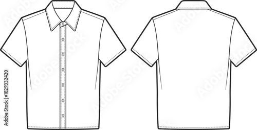 Short sleeve shirt technical sketch, front and back view, button-up design, fashion template, garment illustration, pointed collar, chest pockets, straight hem, apparel layout