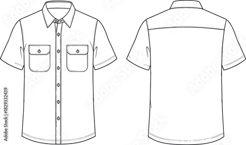 Short Sleeve Utility Work Shirt Technical Fashion Flat Sketch, Featuring Point Collar, Dual Flap Pockets, and Straight Hem, Front and Back View Vector.