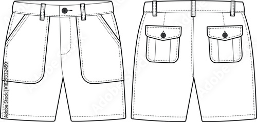 Shorts front and back view, button closure, flap pockets, belt loops, slanted side pockets, fashion sketch, garment template, apparel design, technical illustration