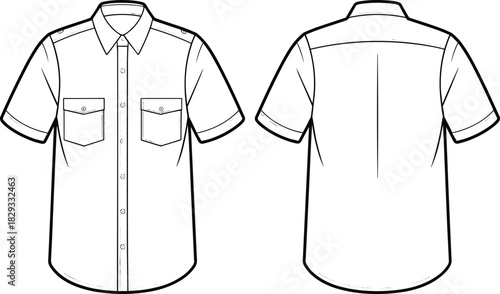 Short-sleeve button-up shirt front and back view, chest pockets, shoulder epaulets, folded cuffs, fashion sketch, garment template, apparel design, technical illustration