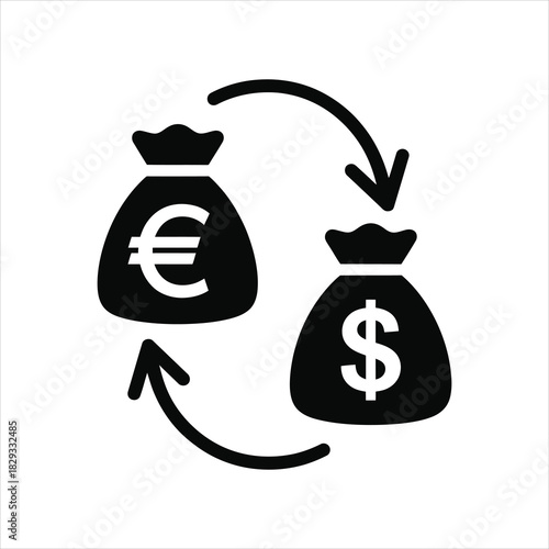 Euro currency moneybag converts to dollar currency moneybag in an exchange cycle on transparent background