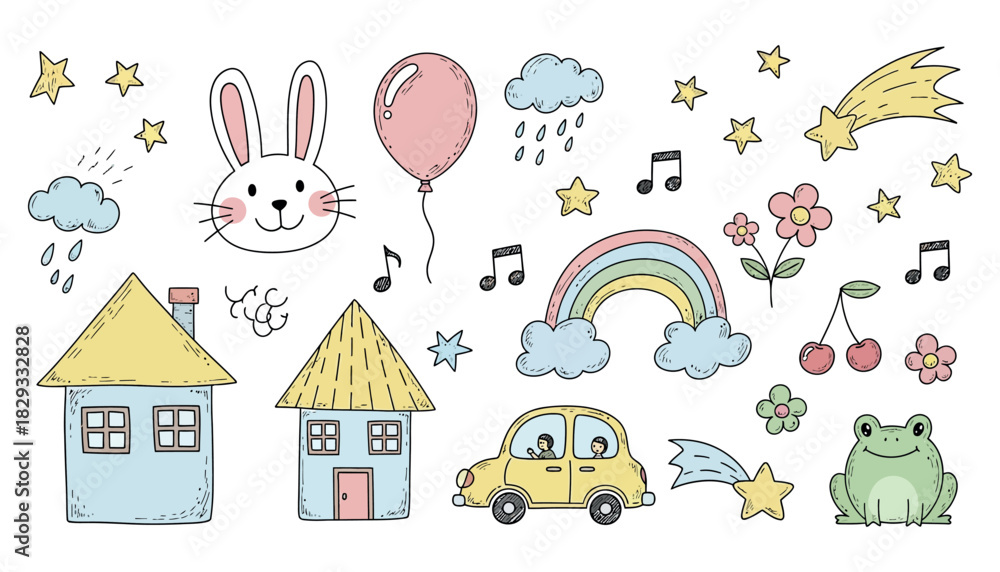 Naklejka premium Hand drawn cartoon elements with houses, rabbit, car, rainbow, stars and other objects vector illustration