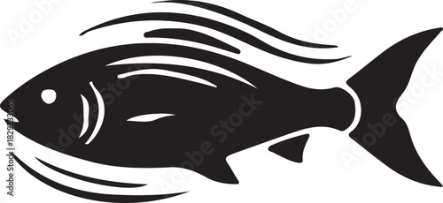 A simple black silhouette of a fish swimming gracefully in water