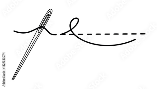 Photos A simple line drawing of a needle and thread sewing a dashed line on white backg