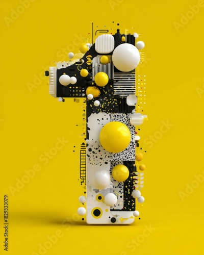 Abstract Number One Design with Geometric Shapes on Yellow Background