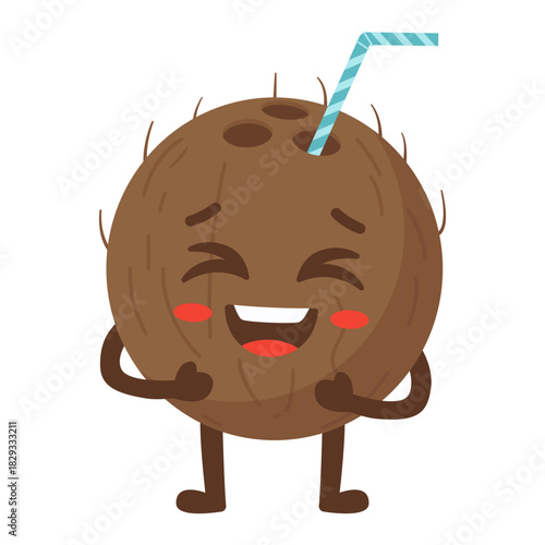 Cheerful Coconut Character with Drinking Straw