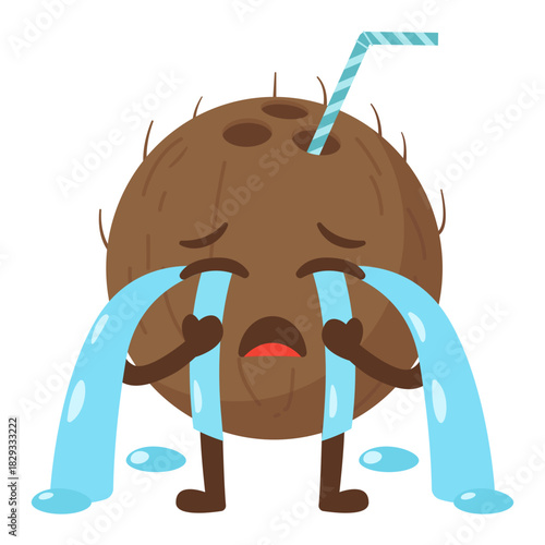Crying Coconut Cartoon Character with Straw