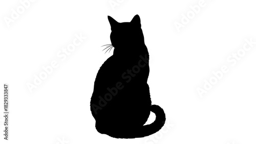 Elegant Cat Silhouette Sitting with Whiskers, Domestic Pet Feline Vector Icon on Isolated White Background
