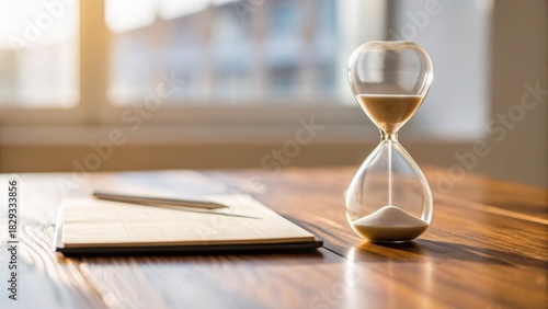 An hourglass sits on a wooden table next to a notebook and pencil, illuminated by soft, natural light from a nearby window.