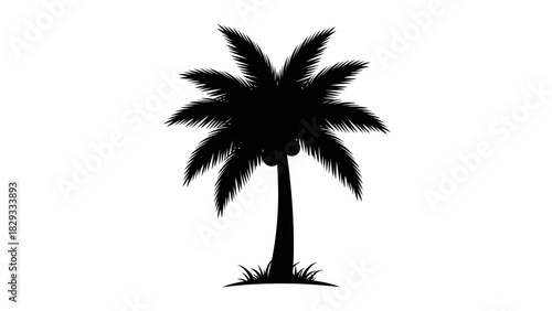 Tropical Palm Tree Silhouette, Relaxing Beach and Island Vacation Symbol on Isolated White Background