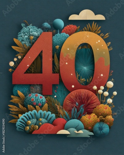 Vibrant Floral Design with Number Forty on Dark Background