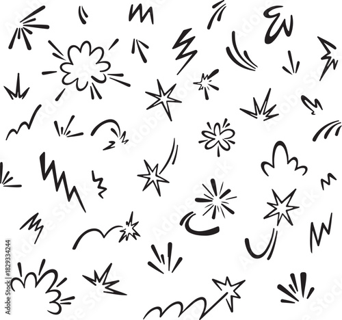 Comic book icons background. Speed, burst, boom, fight, splash, magic cartoon manga effects. Movement and motion concept. Super hero action doodle drawing  black and vector white background