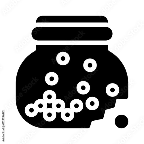 Black outlined broken candy jar illustration with round sweets suitable for halloween, candy shop, sweet treats, spooky themes, and graphic designs.
