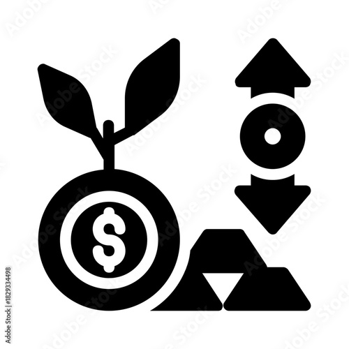 Growing money fluctuation and gold bar icons displayed, suitable for financial, investment, business concepts in presentations, websites, and advertisements.
