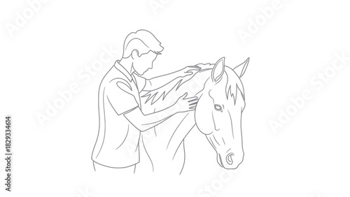 A person gently stroking the neck of a horse, showing care and connection.