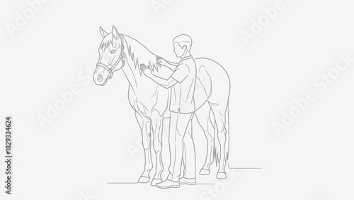 Line drawing of a man grooming a horse, standing next to it and brushing its mane. The horse is saddled and standing still.