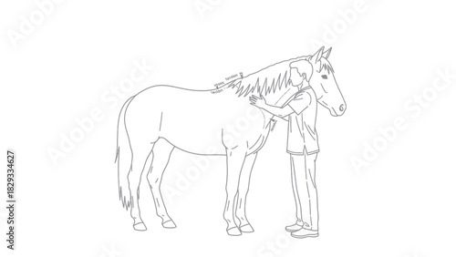 A person gently interacts with a standing horse, possibly grooming its neck or showing affection in a simple line art style.