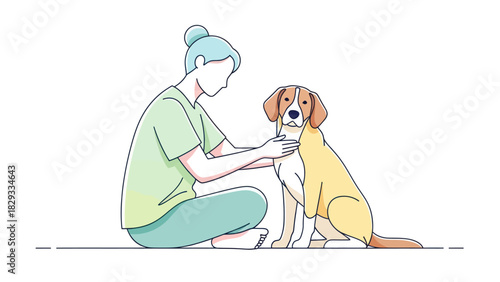 A woman with her hair in a bun sits on the floor and gently pets her friendly companion dog.