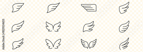 Doodle wings. Cartoon bird feather wings, religious angel wings ink sketch, black tattoo silhouette. Vector hand drawn blade wing sketch set for heraldic symbol emblem on white