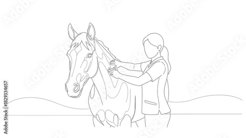 A minimalist line art illustration of a woman gently grooming or massaging a horse's neck.