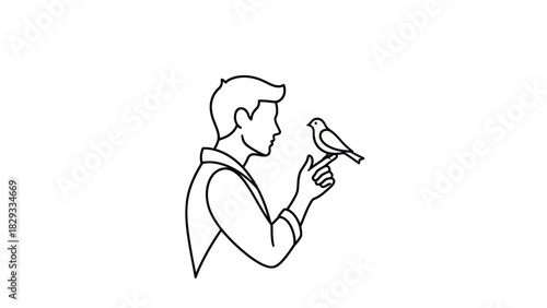 Line drawing of a man looking at a bird perched on his finger, simple illustration.