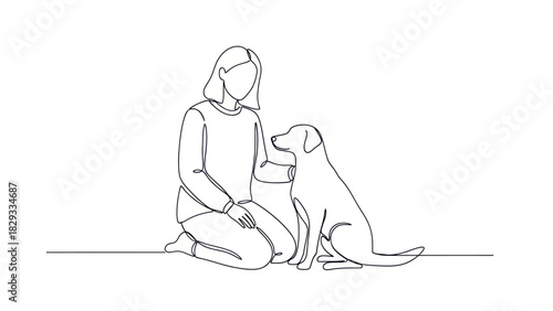 A minimalist line drawing depicts a woman kneeling and petting a dog sitting beside her, showcasing a bond of companionship.