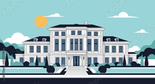 Elegant mansion illustration for luxury real estate marketing materials and architectural design projects with pool views and sunny skies