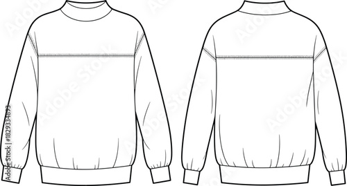 Short-sleeve t-shirt front and back view, notch neckline, raglan sleeves, seam details, fashion sketch, garment template, apparel design, technical illustration