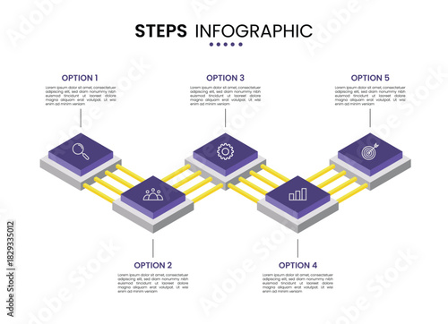 5 step connected chip circuit technology isometric infographic elements for presentation template design