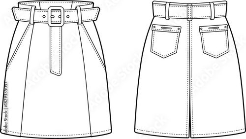 Skirt technical drawing, front and back view, fashion illustration, garment sketch, belt detail, patch pockets, flared hem, clothing design, apparel template, vector outline