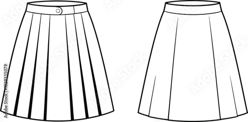 Skirt technical drawing, pleated and A-line styles, fashion illustration, garment sketch, clothing design, waistband detail, apparel template, pattern making, vector outline, style comparison