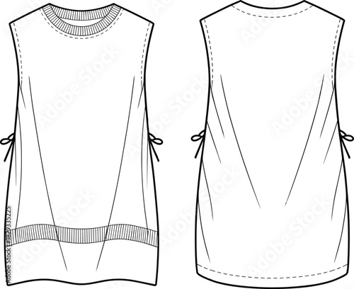 Sleeveless Tunic Top Technical Fashion Drawing Vector Illustration of a Women's Knit Sweater Vest Featuring a Crew Neck and Drawstring Side Details, Front and Back View.