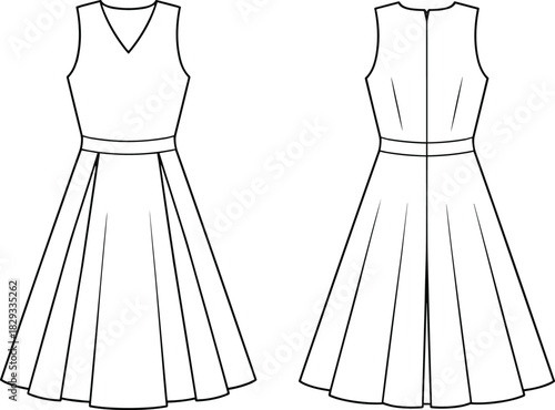 Sleeveless V-Neck Pleated Dress Technical Fashion Drawing Vector Illustration Featuring Fitted Bodice, Waistband and A-line Skirt, Front and Back View Apparel Template Design.