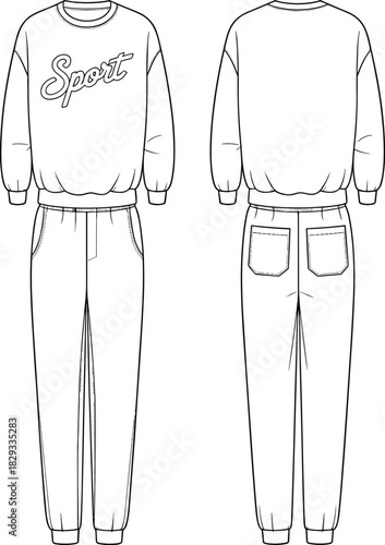 Sweatshirt and sweatpants technical drawing, front and back view, fashion illustration, casual outfit sketch, sporty design, garment template, clothing outline, vector style, apparel concept