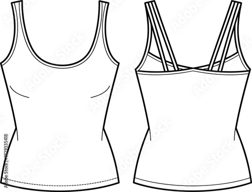 Tank top fashion illustration, technical sketch, scoop neckline front, strappy back design, fitted silhouette contour, straight hem finish, sewing pattern, garment template, apparel mockup