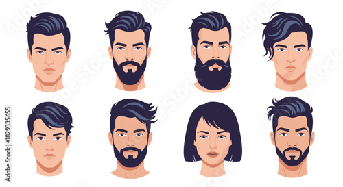 Diverse portraits showcasing stylish modern hairstyles and beards for men and women, perfect for fashion, beauty, and grooming product campaigns.