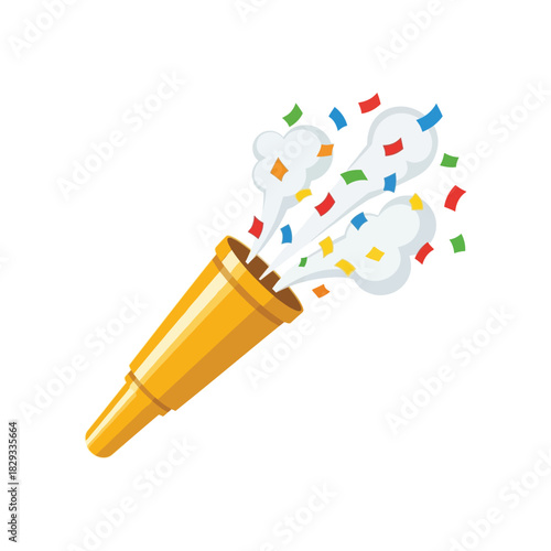 Golden party popper exploding with colorful confetti and smoke isolated on white background