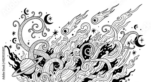 Intricate black and white illustration of cosmic elements with swirling flames and planets