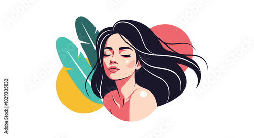 Dreamy woman with flowing hair surrounded by tropical leaves, embodying natural beauty and tranquility for wellness or beauty brand campaigns