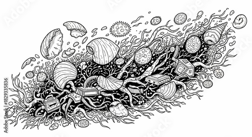 Intricate underwater scene featuring shells, coral, and microorganisms in a dynamic arrangement