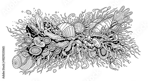 Intricate underwater scene featuring shells, sea creatures, and swirling seaweed in a marine ecosystem