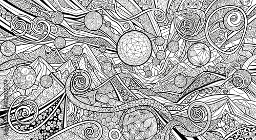Abstract black and white illustration featuring swirling patterns, geometric shapes, and celestial elements