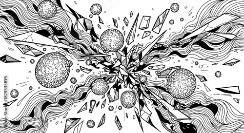 Abstract illustration depicting cosmic explosion with planets, crystals, and dynamic waves
