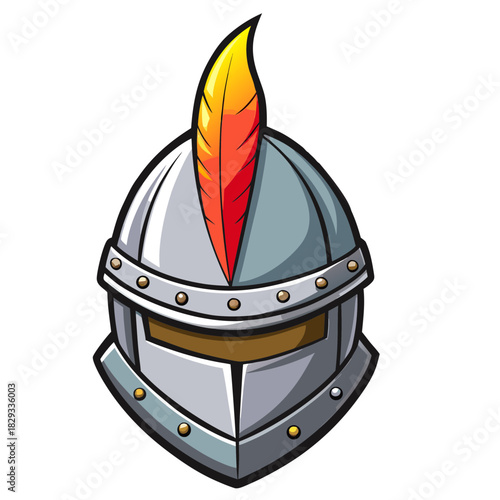 Cartoon knight helmet with red and yellow feather decoration