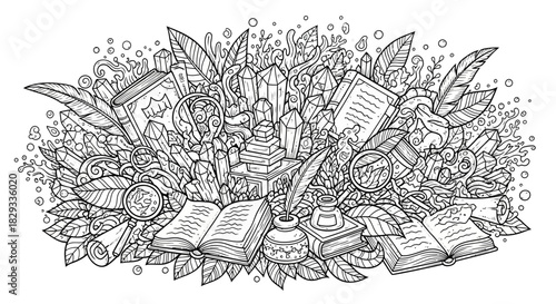 Intricate line art featuring books, crystals, and nature elements in a whimsical arrangement