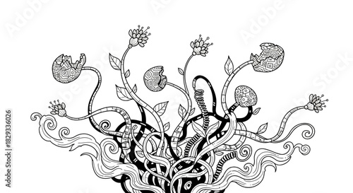 Intricate black and white illustration of flowers emerging from broken eggshells with swirling vines